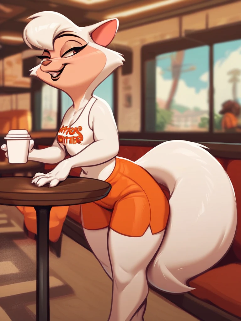 score_9, score_8_up, score_7_up, score_6_up, score_5_up, score_4_up, source_furry, 1girl, solo, sawyer_cdd, detailed fluffy fur, white body, white fur, fluffy tail, small breasts, hooters, white tanktop, orange shorts, restaurant, holding tray, coffee cup, coffee, table, chair, <lora:sawyer-v1:0.7>