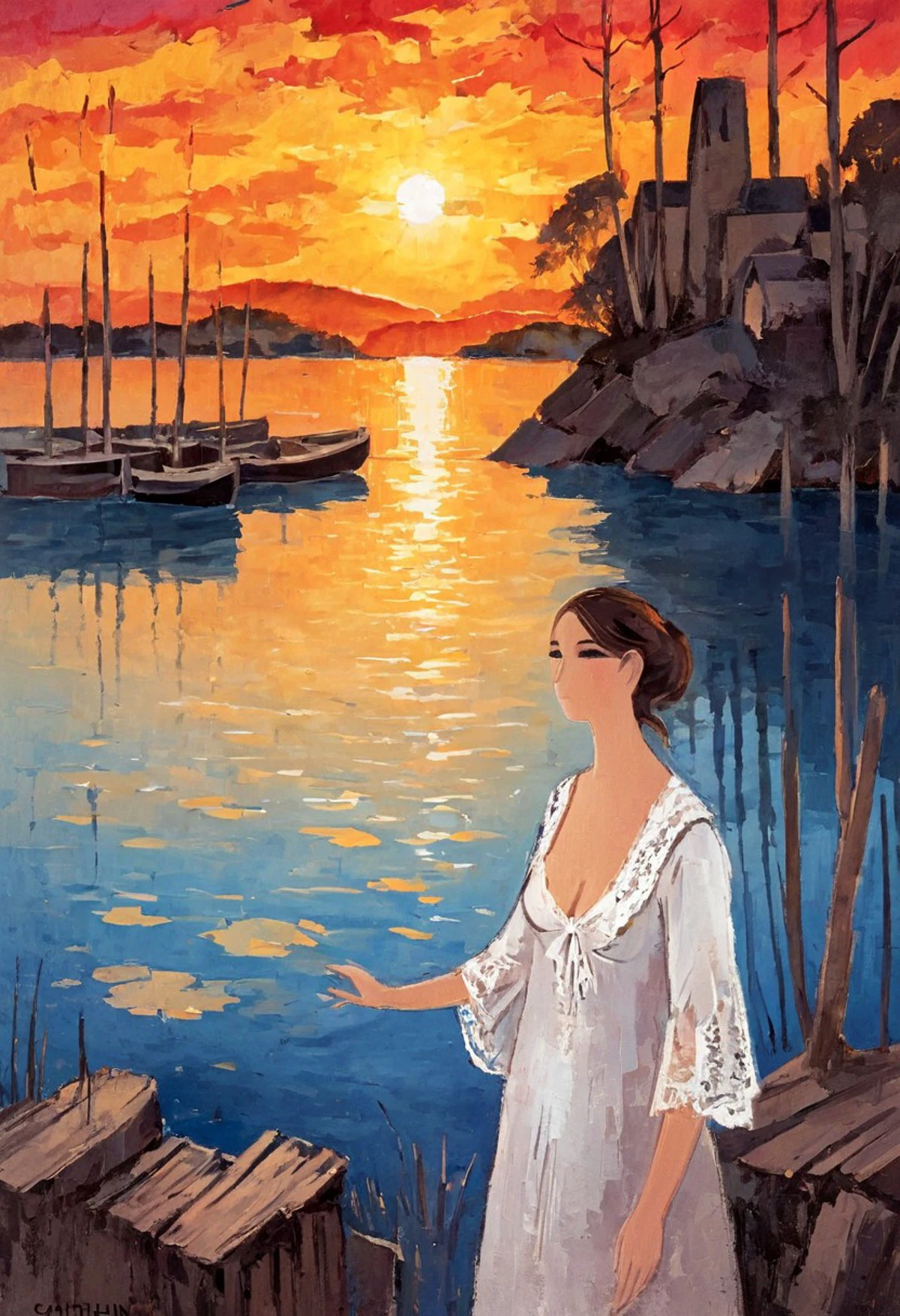 sunset, northern lake, summer, old fashioned woman, nostalgic, high quality, detailed, by bernard cathelin, painting, paris art, 1girl, scenery