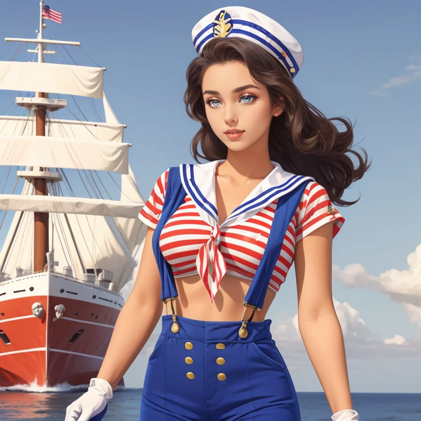 1girl, solo, (Voluminous Blowout:1.3), hud_rwb_s4ilor, hat, gloves, overalls, striped crop top, pants, suspenders, sailor hat, sailor, <lora:rwbsail15-000009:0.8>, ship