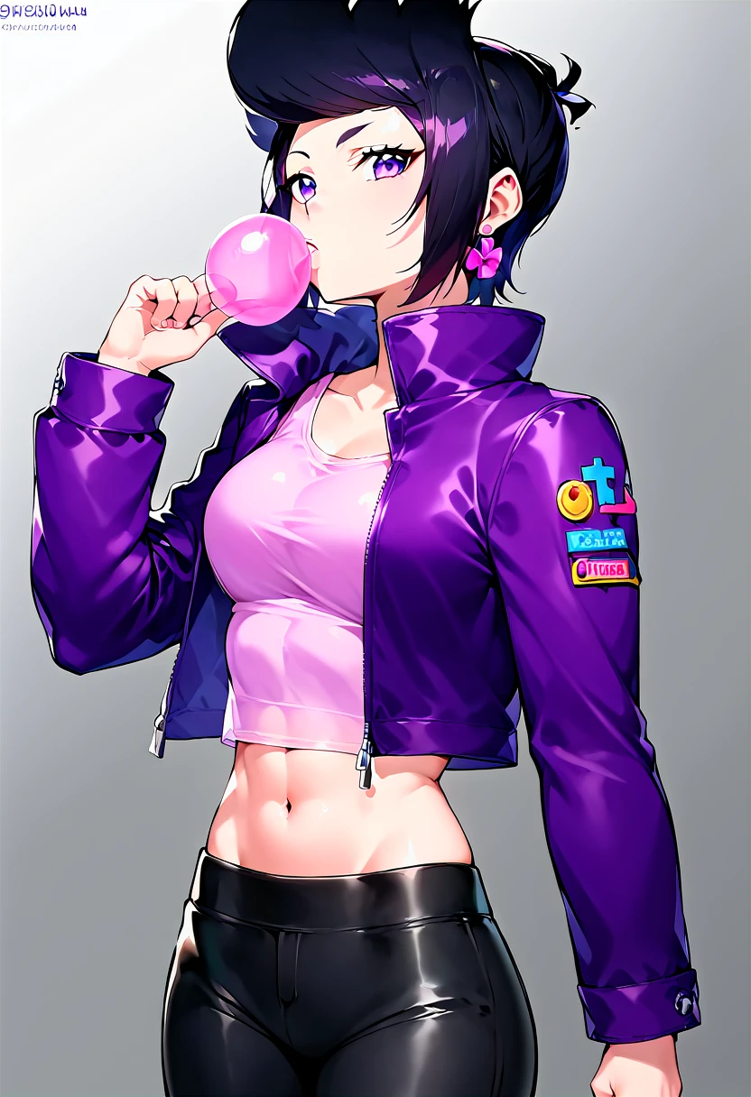 score_9, score_8_up, score_7_up, source_anime,
bibiBS, 1girl, solo, athletic body, purple eyes, black hair, short hair, cross earrings, purple jacket, crop jacket, long sleeves, crop top, pink top, midriff, black pants, chewing gum, bubble gum, bubble blowing,
best_quality, masterpiece, anime style
