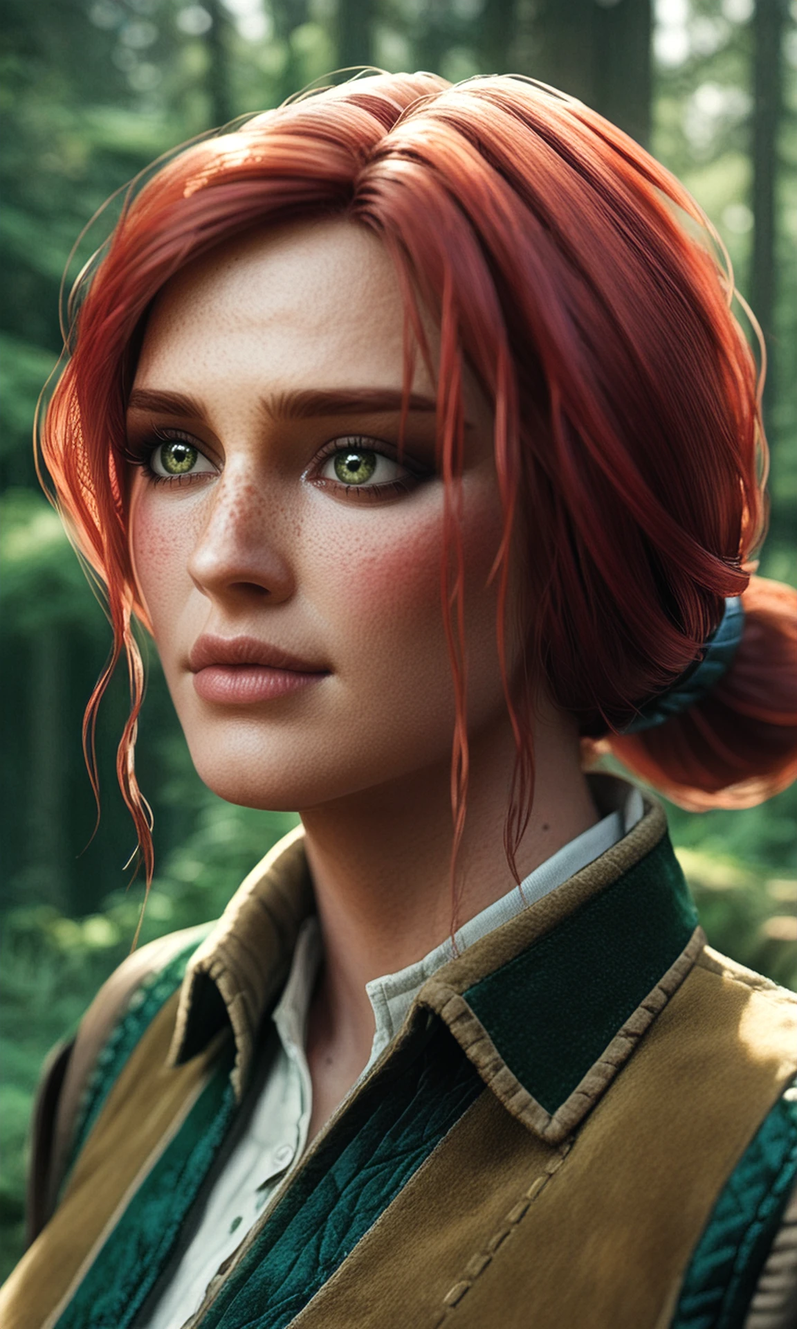 score_9, score_8_up, score_7_up, BREAK, zy_triss, red hair, 1girl, freckles, green eyes, portrait, nature, forest, highly detailed, detailed skin, depth of field, film grain, <lora:zy_Triss_Merigold_PonyRealism_v1:.7>