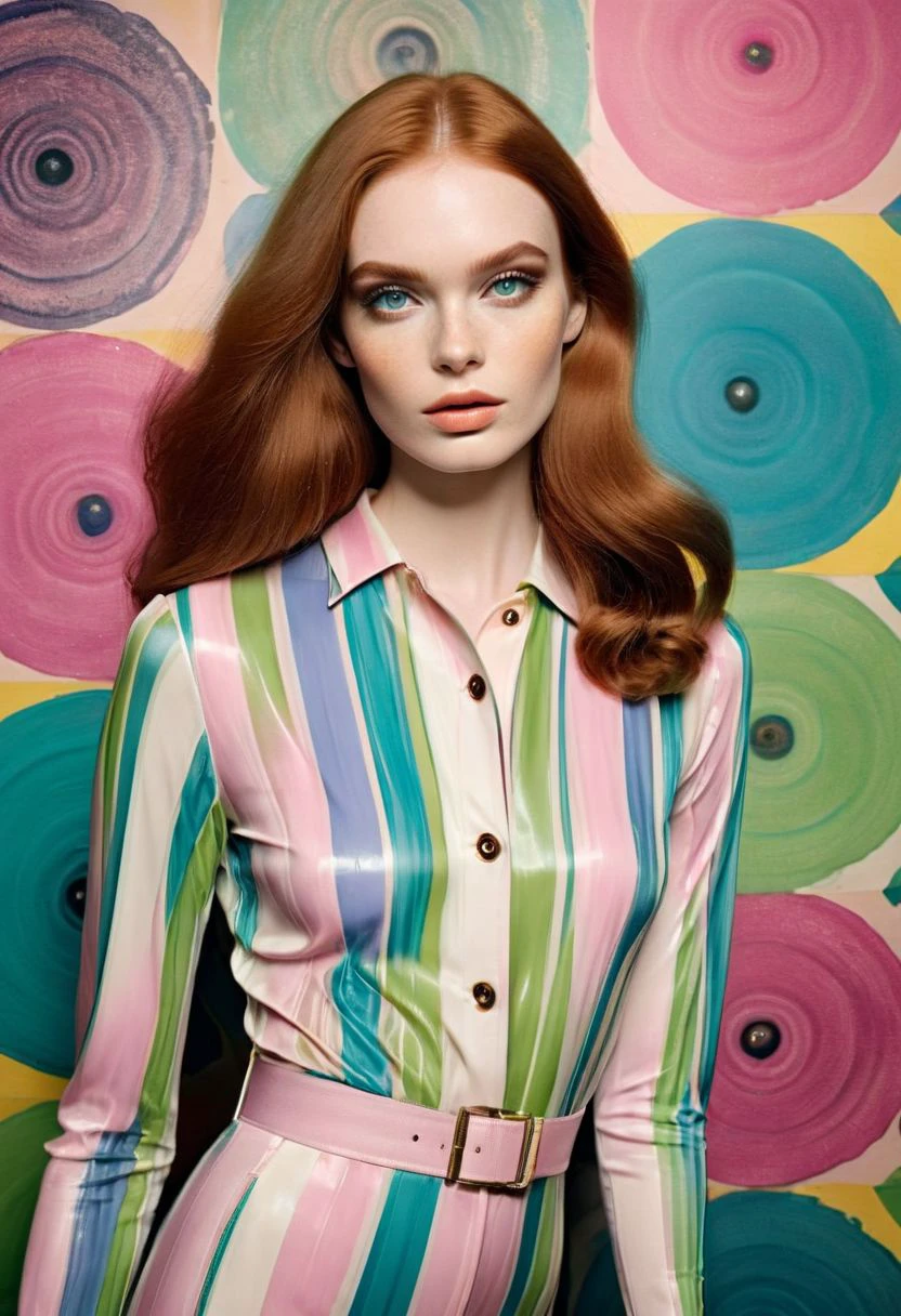 A breathtaking fashion photograph portrait, capturing a 1968 Elle woman's magazine fashion shoot featuring a stunning high-end tall slim model with ginger hair and (((detailed skin))), smoky makeup, (((Kodak Porta 600-inspired backdrop))), with ((Pop Art backdrop  by Andy Warhol:1.4)). A luxurious realistic 1968 striped print bell-bottom jumpsuit  in shades of (((white pink green lavender and blue))), fcNeg, epiCPhotoGasm-colorfulPhoto, dvr-tldr, 