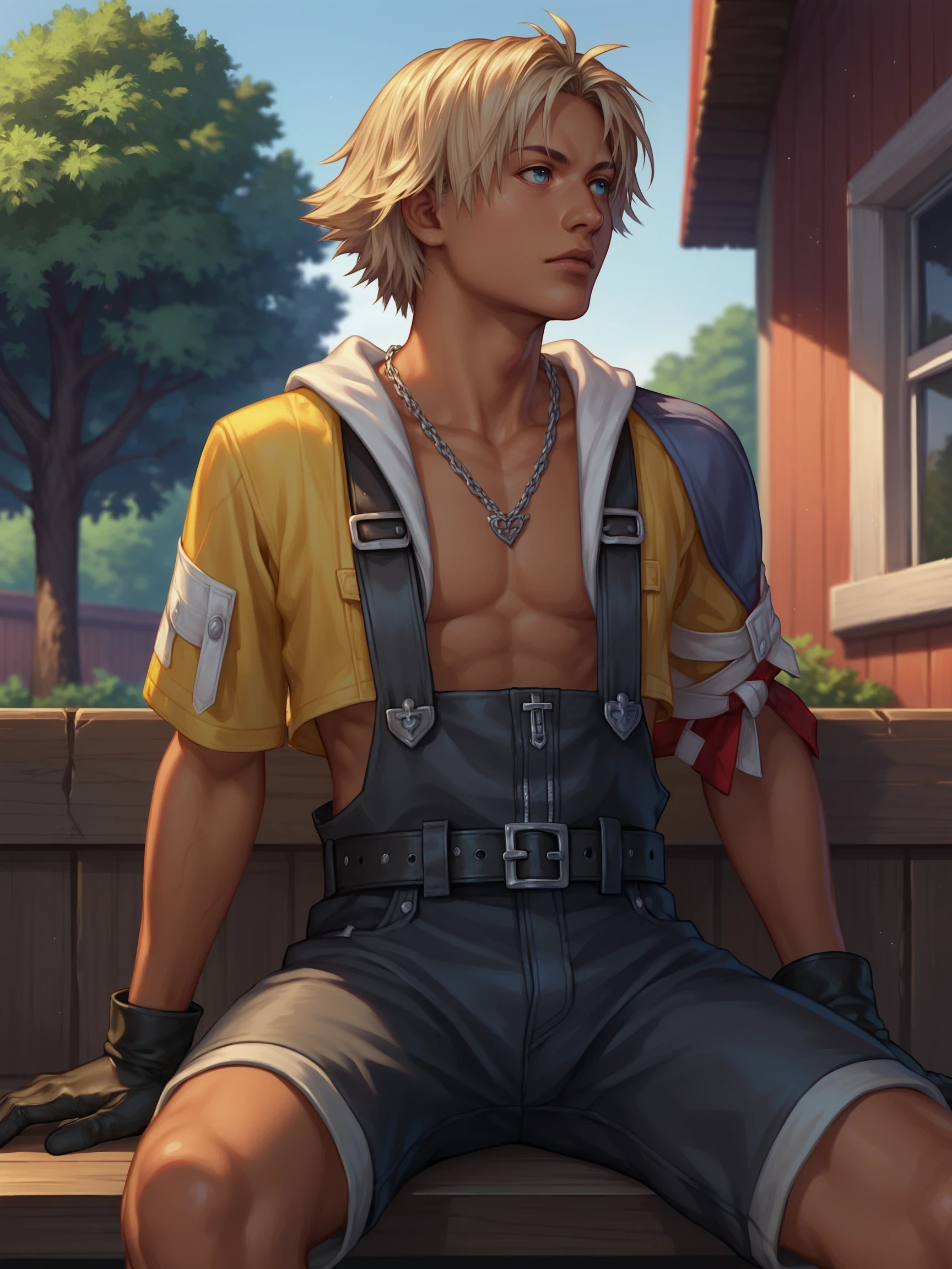 TidusFFX, 1boy, solo, blonde hair, dark hair roots, blue eyes, tan skin, open clothes, shorts, gloves, necklace, overalls, belt, chain, realistic, outdoors, sitting on window frame, looking away,
score_9, score_8_up, score_7_up, masterpiece,