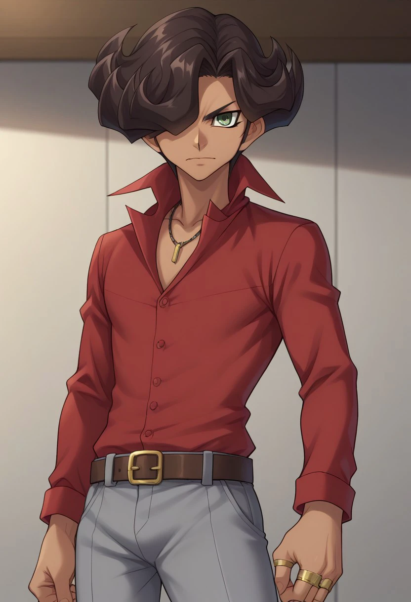 score_9, score_8_up, score_7_up, source_anime, highly detailed, 
alito, solo, 1boy, male focus, shirt, belt, hair over one eye, red shirt, green eyes,
pants, grey pants, dark skin, closed mouth, looking at viewer, clenched hand,
dark-skinned male, jewelry, long sleeves, collared shirt, necklace, clenched hands, ring, standing, buttons, belt buckle, buckle, brown hair,