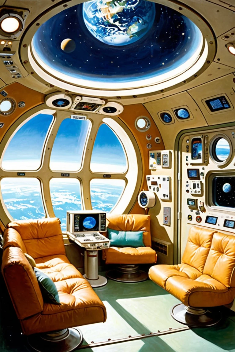 family living on a space station orbiting earth large dome windows controls levers (AtompunkSDXL:1.5)