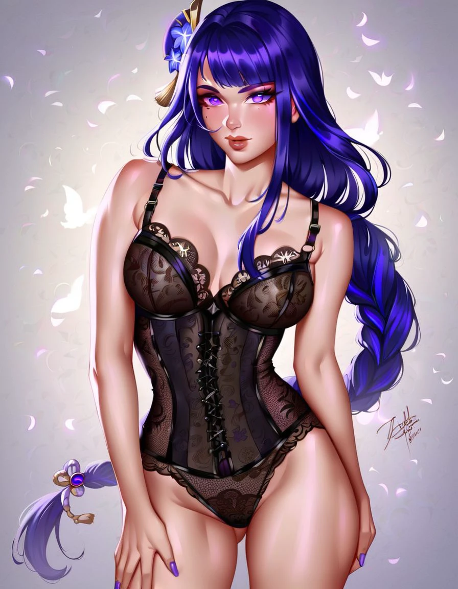 score_9, pinup, raiden shogun, 1girl, standing, solo, corset, see-through, lace trim, fine fabric emphasis, <lora:pinup_pony:0.8>