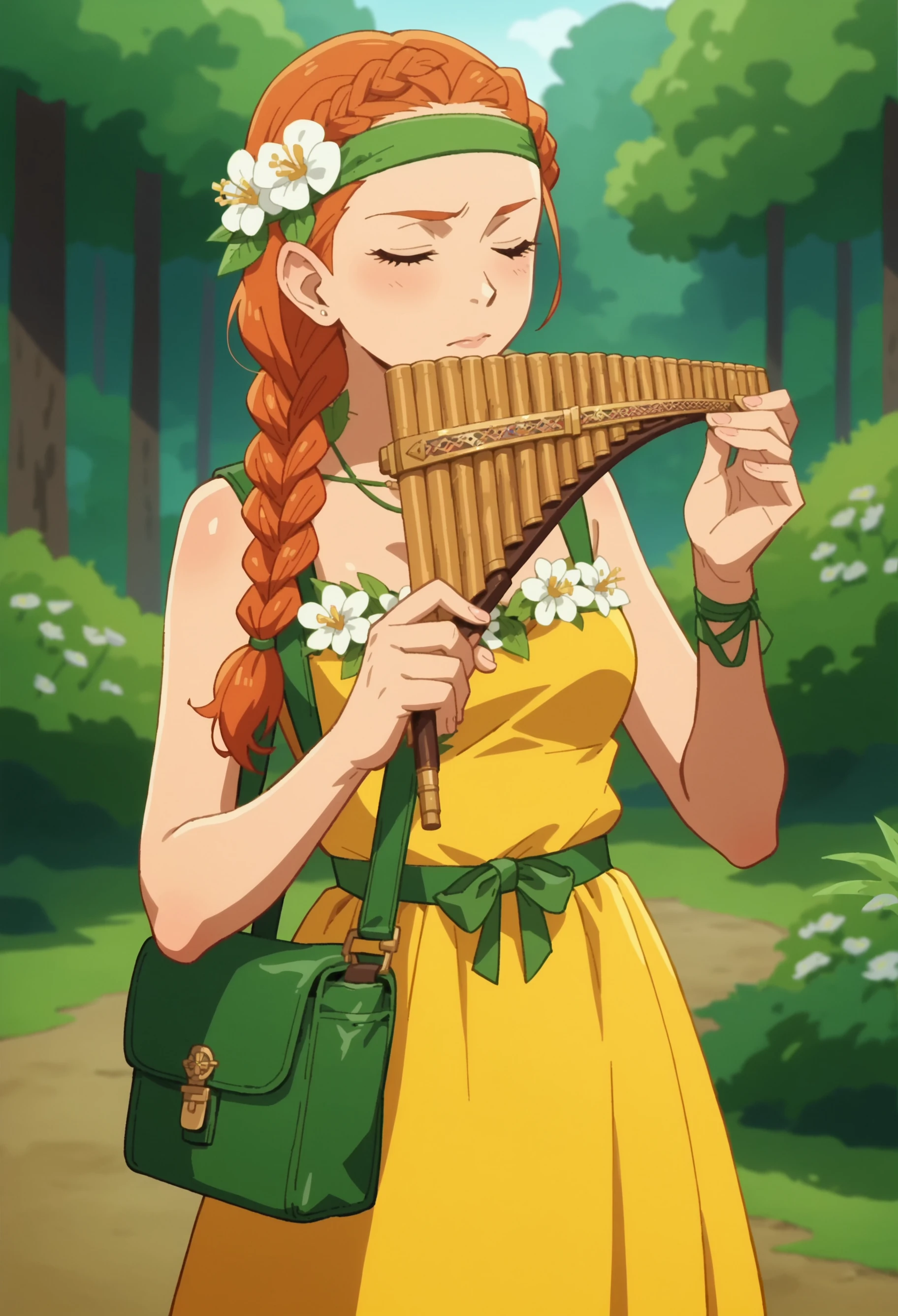 score_9, score_8_up, score_7_up, score_6_up, score_5_up,source_cartoon, cartoon screencap, anime coloring, official style, 1girl, solo, female focus,ginger hair,braid, yellow dress,flower dress, green headband,bag,
in a forest,
,playing glass panflute<lora:PanflutePonyV1>