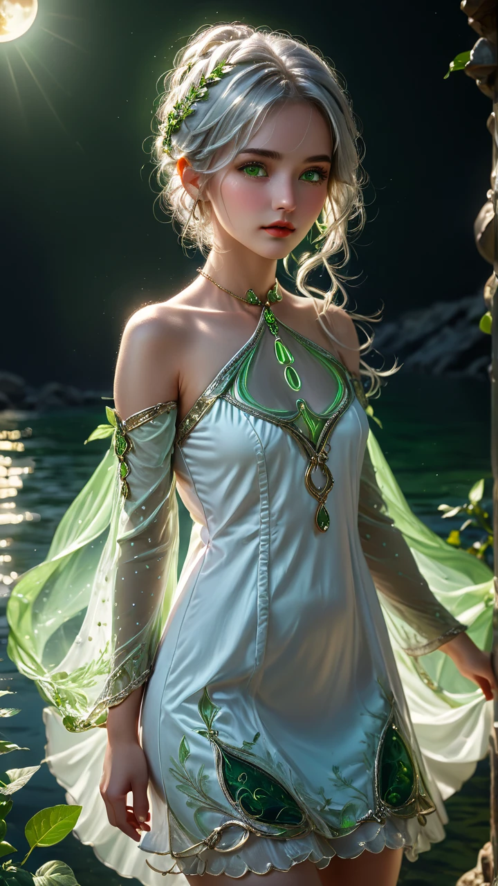 full body photo,dramatic light,fluorescent river,mooon <lora:Nahida-real:0.8>,Nahida,green jewelry ,green eyes,white and green dress,short dress,
Detailed pattern on the dress,small,upper body,hair between eyes,windy,oil skin,moon
,detailed face, detailed eyes, detailed lips, beautiful woman, hourglass figure, natural lighting, high quality, hyperrealistic, 8k, cinematic, dramatic lighting, chiaroscuro, neoclassical, oil painting,