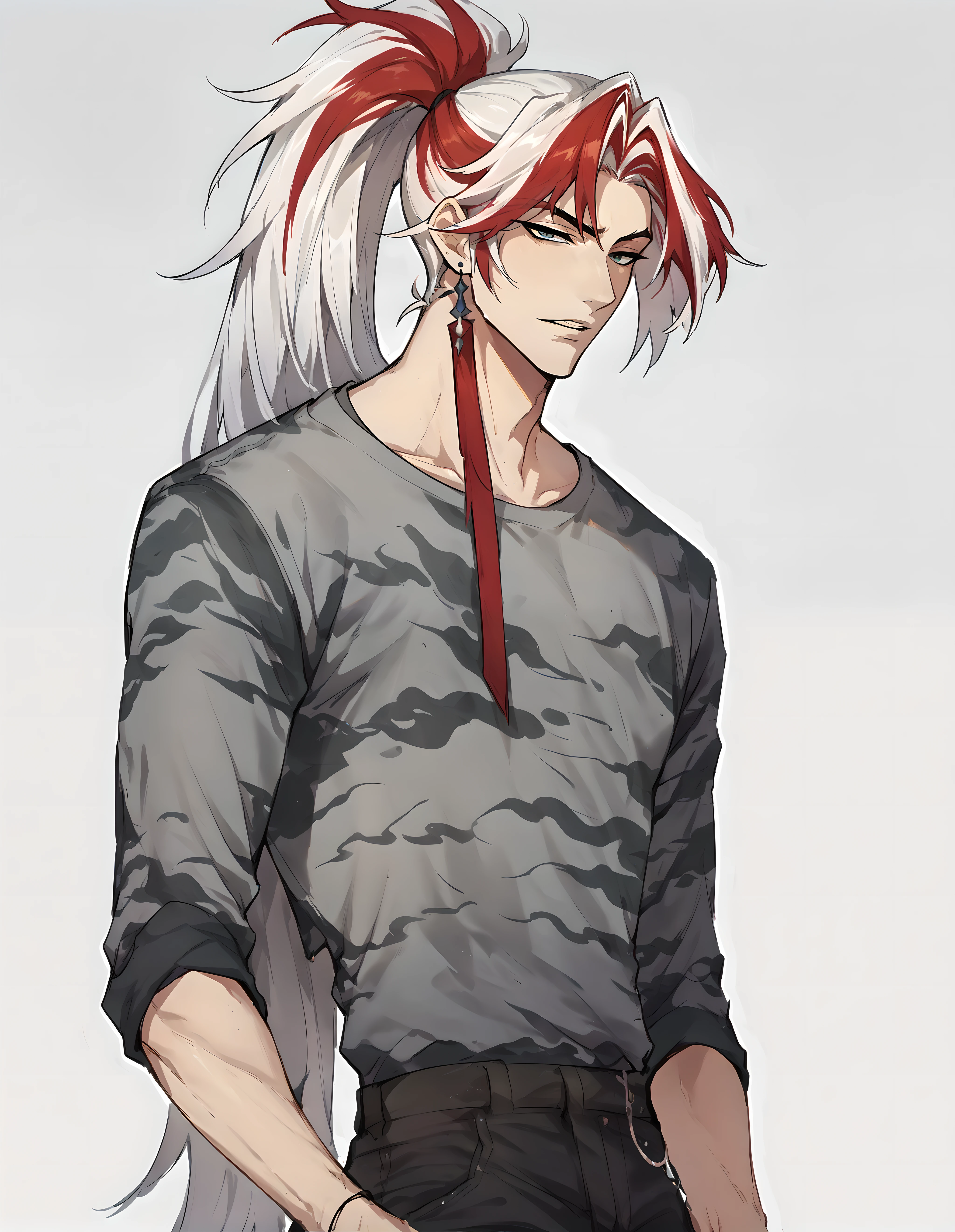 score_9, score_8_up, score_7_up, hs yone, solo, long hair, shirt, 1boy, jewelry, ponytail, white hair, male focus, red hair, earrings, parted lips, pants, streaked hair, black pants, grey shirt, camouflage, light smile, <lora:Heartsteel_Yone_v1:0.85>