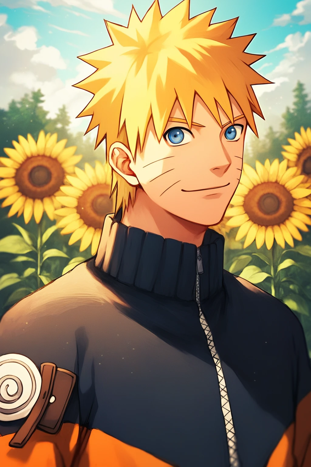 score_9, score_8_up, score_7_up, source_anime, detailed, novel illustration, wallpaper, beautiful details, naruto uzumaki, 1boy, male focus, gentle smile, looking at viewer, blonde hair, short hair, spiked hair, whisker markings, blue eyes, jacket, standing, field, nature, tree, sunflowers,