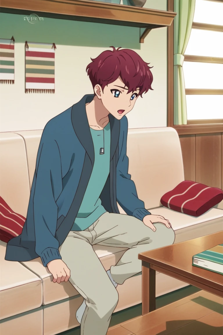 score_9, score_8_up, score_7_up, masterpiece, best quality, amazing quality, best aesthetic, ,absurdres,intricate details,male focus, solo
tsubasa sena, brown hair, blue eyes, blue jacket, blue shirt, 1boy, couch, male focus, window, indoors, table, open mouth, curtains, jacket, pants, kneeling, book, grey pants<lora:EMS-420060-EMS:1.000000>