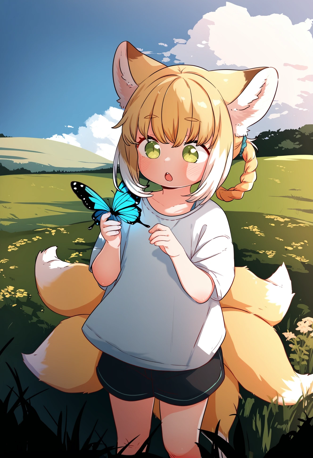 by done \(donezumi\), by akai sashimi, masterpiece,  best quality,
1girl, suzuran \(arknights\), fox girl, fox ears, fox tail, kitsune, multiple tails, blonde, green eyes, flat chest, t-shirt, shorts, holding big butterfly and and looks at it with interest, surprised,
outdoors, flowering meadow, landscape, high gress,