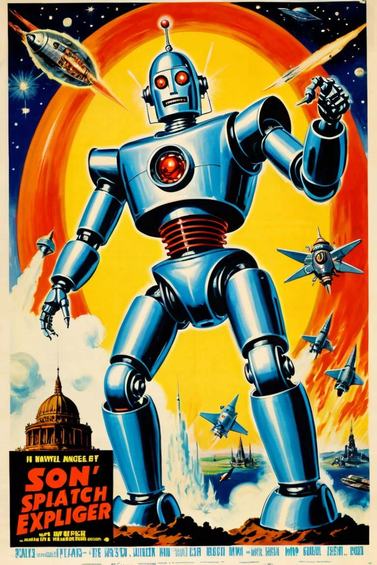 (movie poster:1.2) 50s style retro killer iron robot from_below from_side spaceship above explosions in the sky powerful dutch angle (AtompunkSDXL:1.5)