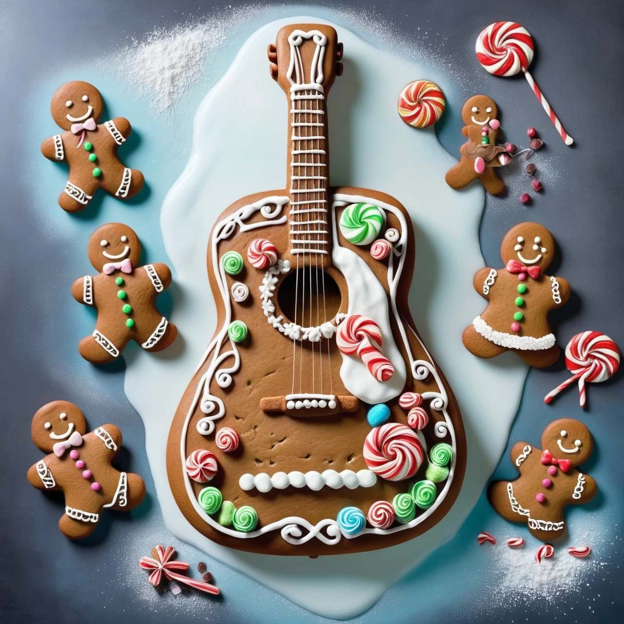 a guitar ,icing, gingerbread, candy  <lora:GingerbreadStyle_epoch_10:0.7>