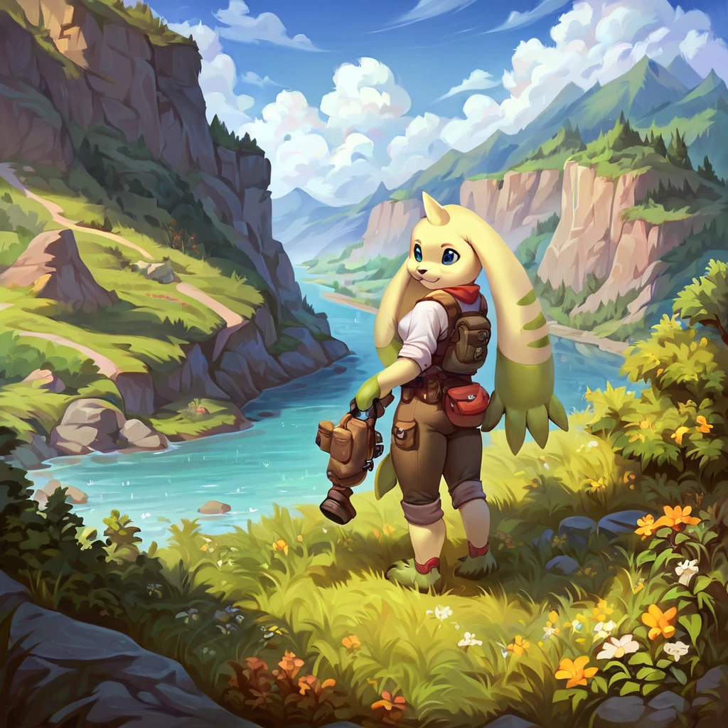 score_9, score_8_up, score_7_up, score_6_up, solo, rating_safe, terriermon, digimon, anthro, a professional photograph of terriermon hiking, female, wearing hiking gear, in a mountain range, overlooking a valley with a river, countershading, outstanding, beautiful, detailed, complex background