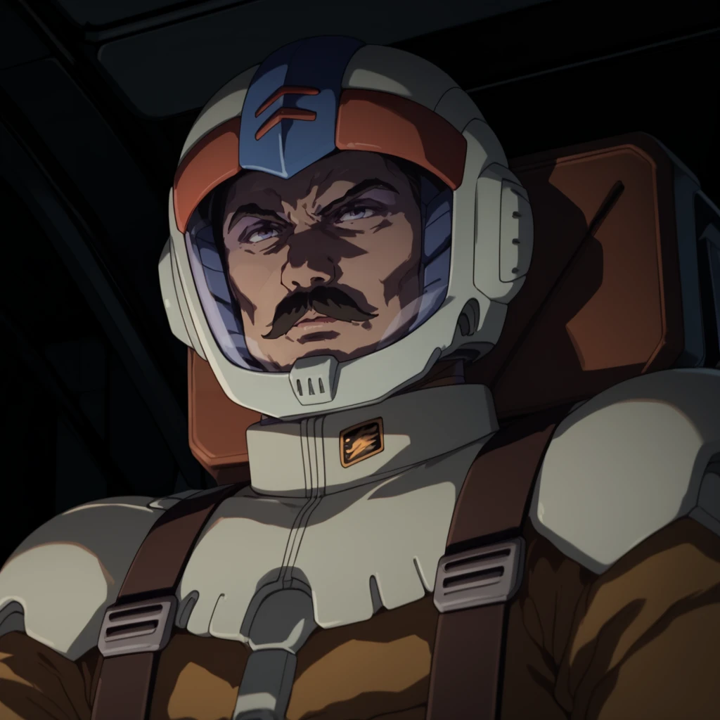 score_9, score_8_up, score_8, solo, adult, <lora:Zeon_Pilot_Mobile_Suit_Gundam_Pony_SDXL:1>, zeon pilot, brown flight suit, 1 man, cockpit view, helmet, mustache, blue visor ramba ral