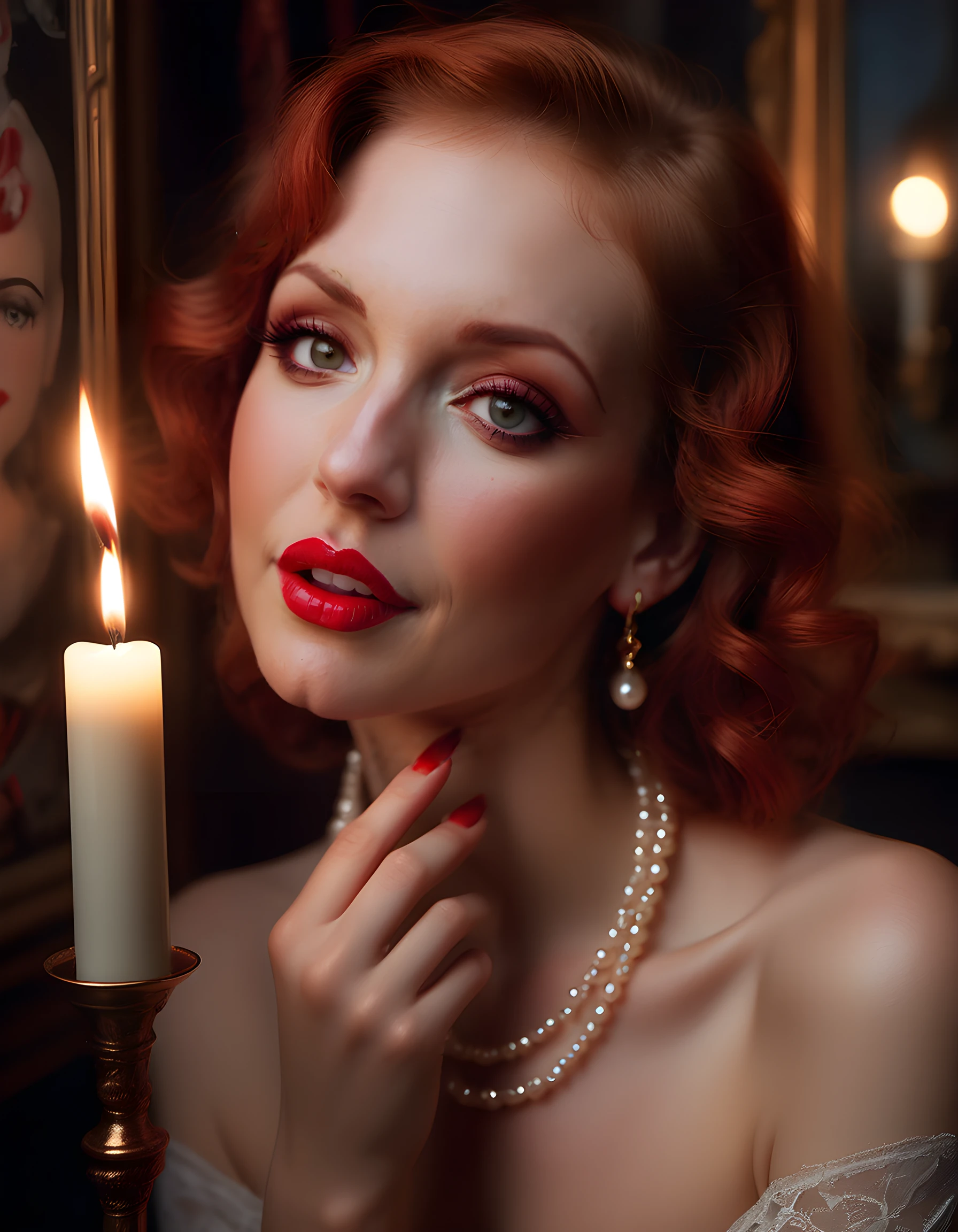 In a dimly lit, vintage Parisian atelier, the enchanting Melanie Marie is captured in a mesmerizing close-up portrait. Her luminous brown eyes and rosy cheeks are framed by her cascading red hair adorned with delicate pearl earrings and a gold necklace, spilling over her shoulders like a waterfall of fire. Her full, freckled lips part slightly to reveal perfectly white teeth, as she applies vibrant red lipstick on her pouty lips using a matching crimson tube. The camera angles from below, emphasizing the sultry allure of her long eyelashes and giving an intimate feel to the image. Her well-manicured hands, adorned with intricate nail art, gently cradle the lipstick tube in a sensual pose, while the soft glow of candlelight illuminates the room and creates a romantic, passionate atmosphere. The backdrop is a charming French poster of Montmartre, adding to the bohemian charm of the scene.