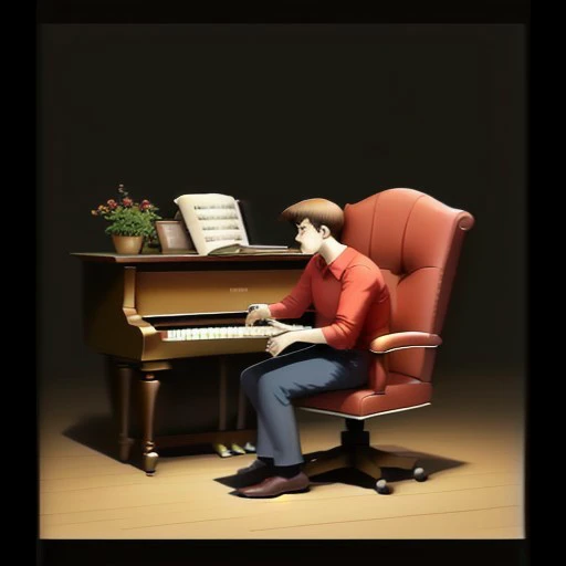 piano, laptop, loafers, chair, red shirt, no humans