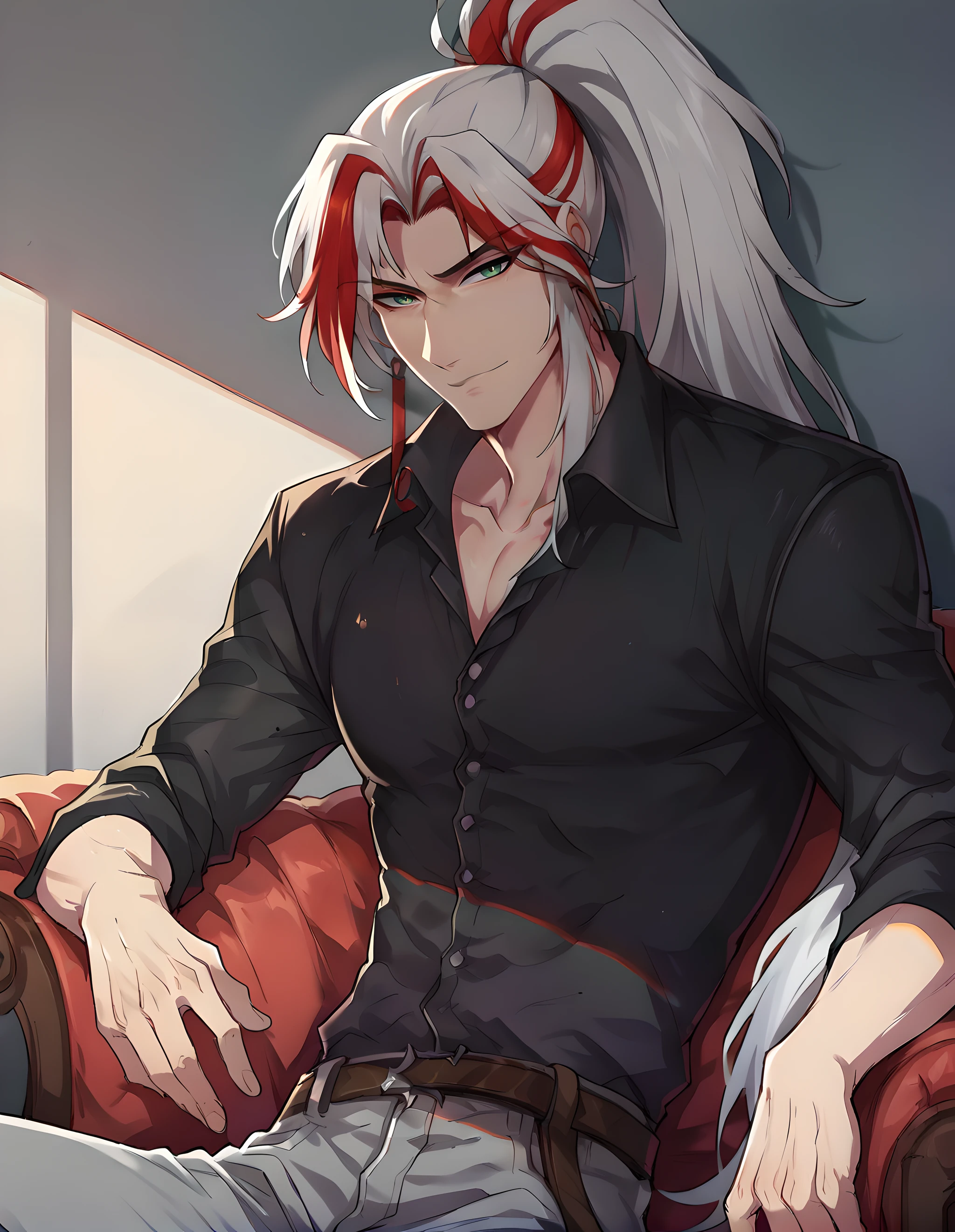 score_9, score_8_up, score_7_up, hs yone, solo, long hair, looking at viewer, smile, shirt, 1boy, sitting, green eyes, ponytail, white hair, grey hair, male focus, red hair, collared shirt, belt, pants, streaked hair, parted bangs, black shirt, dress shirt, couch, brown belt, grey pants, ((from below)  , , , <lora:Heartsteel_Yone_v1:0.85>