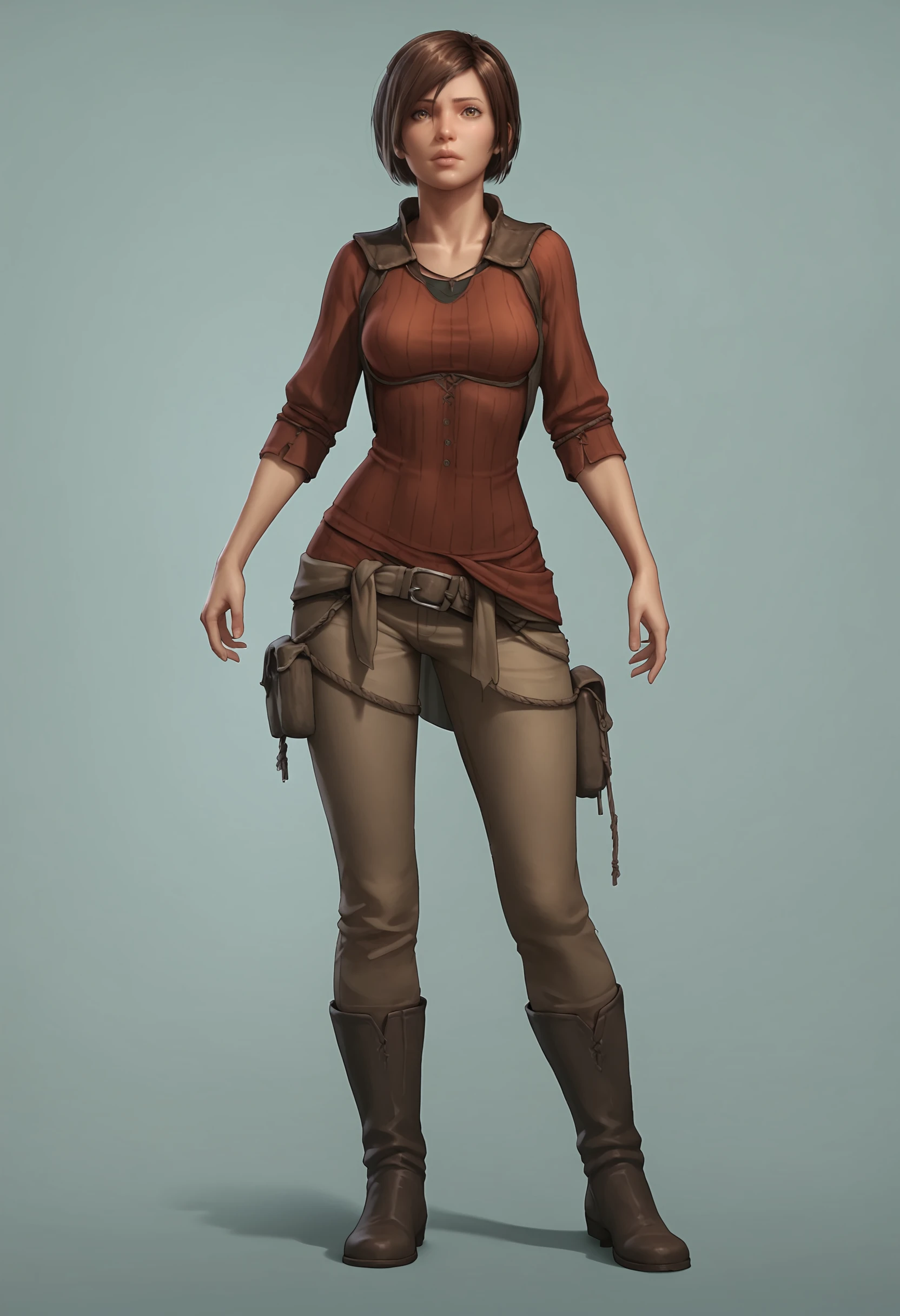 score_9, score_8_up, score_7_up, score_6_up, score_5_up, score_4_up, 1girl, <lora:LeahD3:0.85>, solo, breasts, brown hair, short hair, lips, brown eyes, shirt, pants, boots, full body, standing, 
(light blue background), simple background,