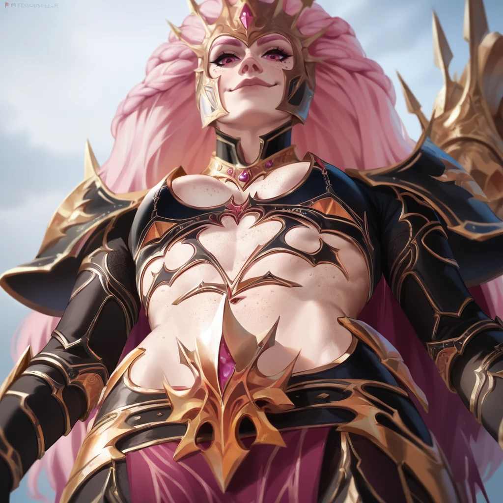 score_9, score_8_up, score_7_up, score_6_up,  score_5_up, score_4_up, low angle shot,
CroneHellebron, armor, freckles, moles, long hair, pink hair, helmet, pink eyes, jewelry,
snowy landscape, looking at viewer, smirk,
<lora:CroneHellebron:1.4>