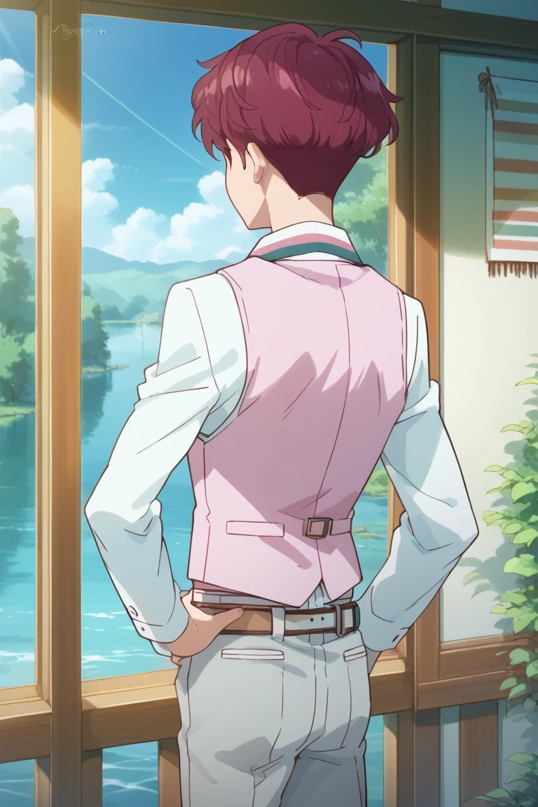 score_9, score_8_up, score_7_up, masterpiece, best quality, amazing quality, best aesthetic, ,absurdres,intricate details,male focus, solo
tsubasa sena, brown hair, blue eyes, white shirt, pink vest, 1boy, male focus, solo, from behind, tree, window, day, hand on hip, sky, vest, lake, belt, pants, outdoors, long sleeves, grey pants<lora:EMS-420060-EMS:1.000000>