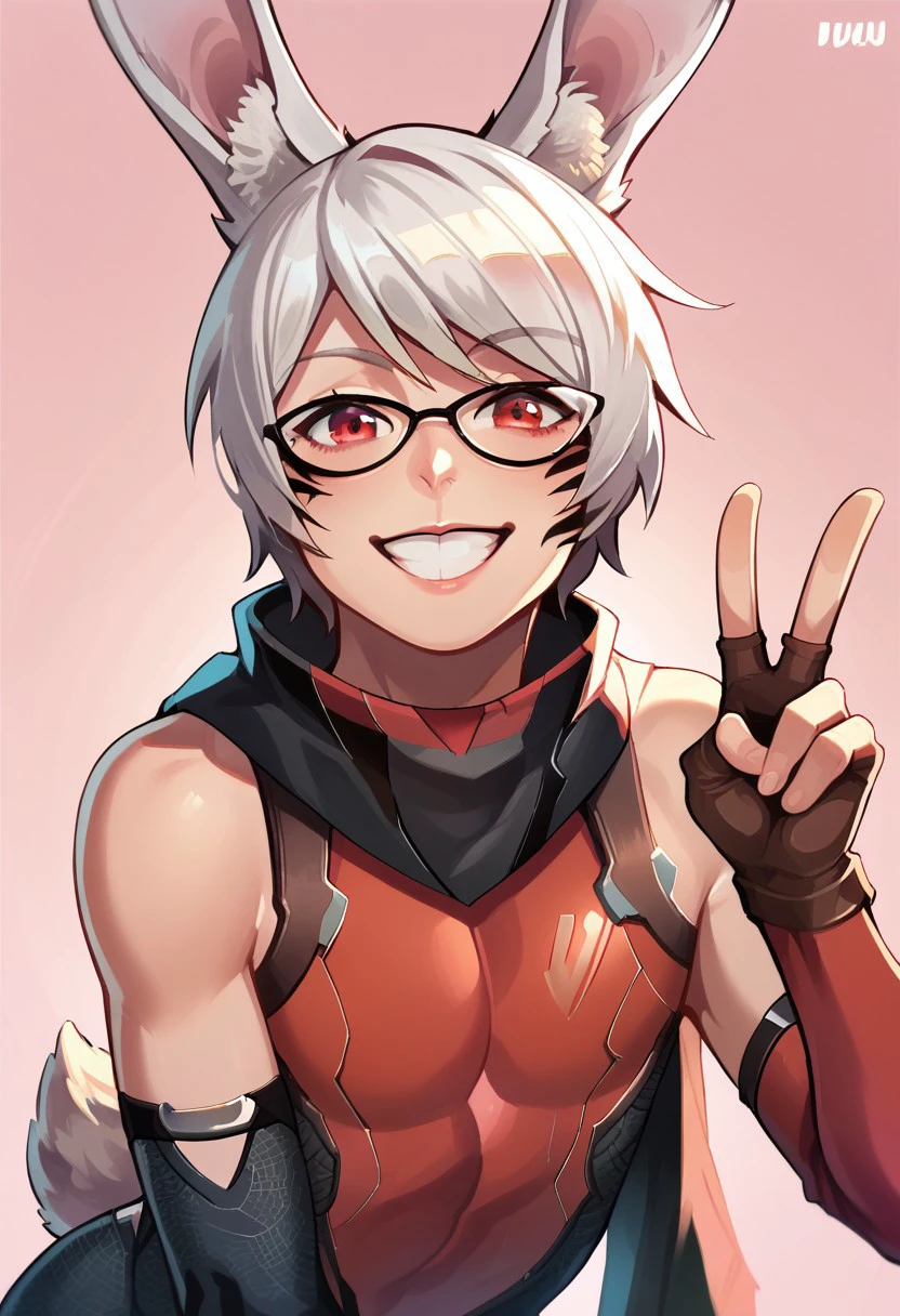 score_9, score_8_up, score_7_up, ultra quality, dutch angle, source_cartoon, (detailed fur texture), smooth outlines, 1boy, rabbit boy, femboy, taiyoxl, viera, rabbit ears, red eyes, short hair, white hair, face markings, red eyes, glasses, bodysuit, bare shoulders,collar, black scarf, fingerless gloves, dutch angle, ninja, peace sign with one hand, upper body, looking at viewer, grin, leaning forward, rabbit tail, pink background