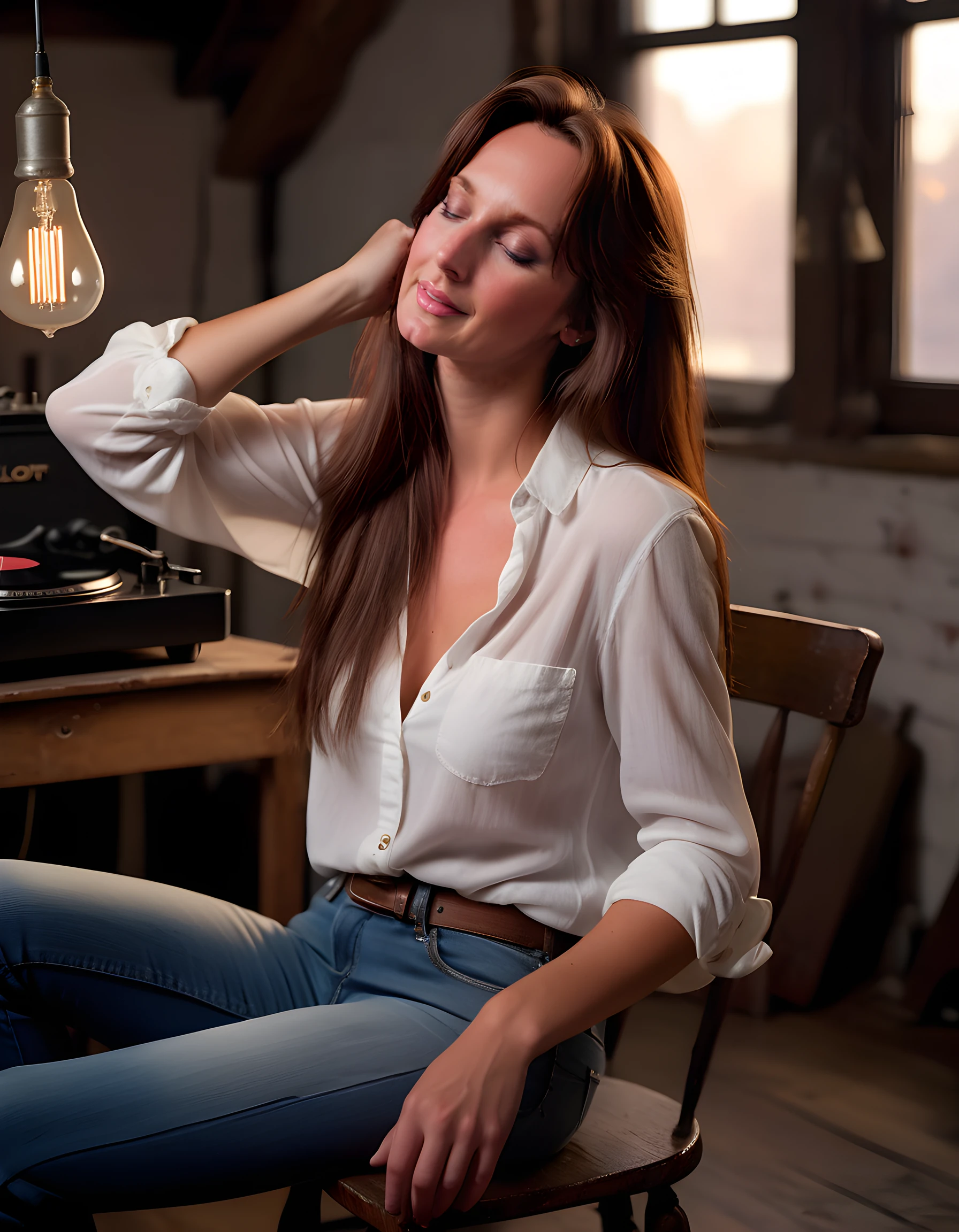 A close-up image captures Melanie Marie, a stunning woman with long, cascading brown hair, sitting alone on an antique wooden stool in a rustic loft studio. She wears a pristine white shirt unbuttoned slightly over a faded blue jeans, her slender fingers playfully twirling a strand of hair as she leans her head back and closes her eyes, lost in the melody of a soft jazz tune playing from an old record player in the background. The loft is illuminated by warm, ambient lighting from a single Edison bulb overhead, casting gentle shadows across her serene face, creating an intimate and emotional portrait of introspection and contentment.