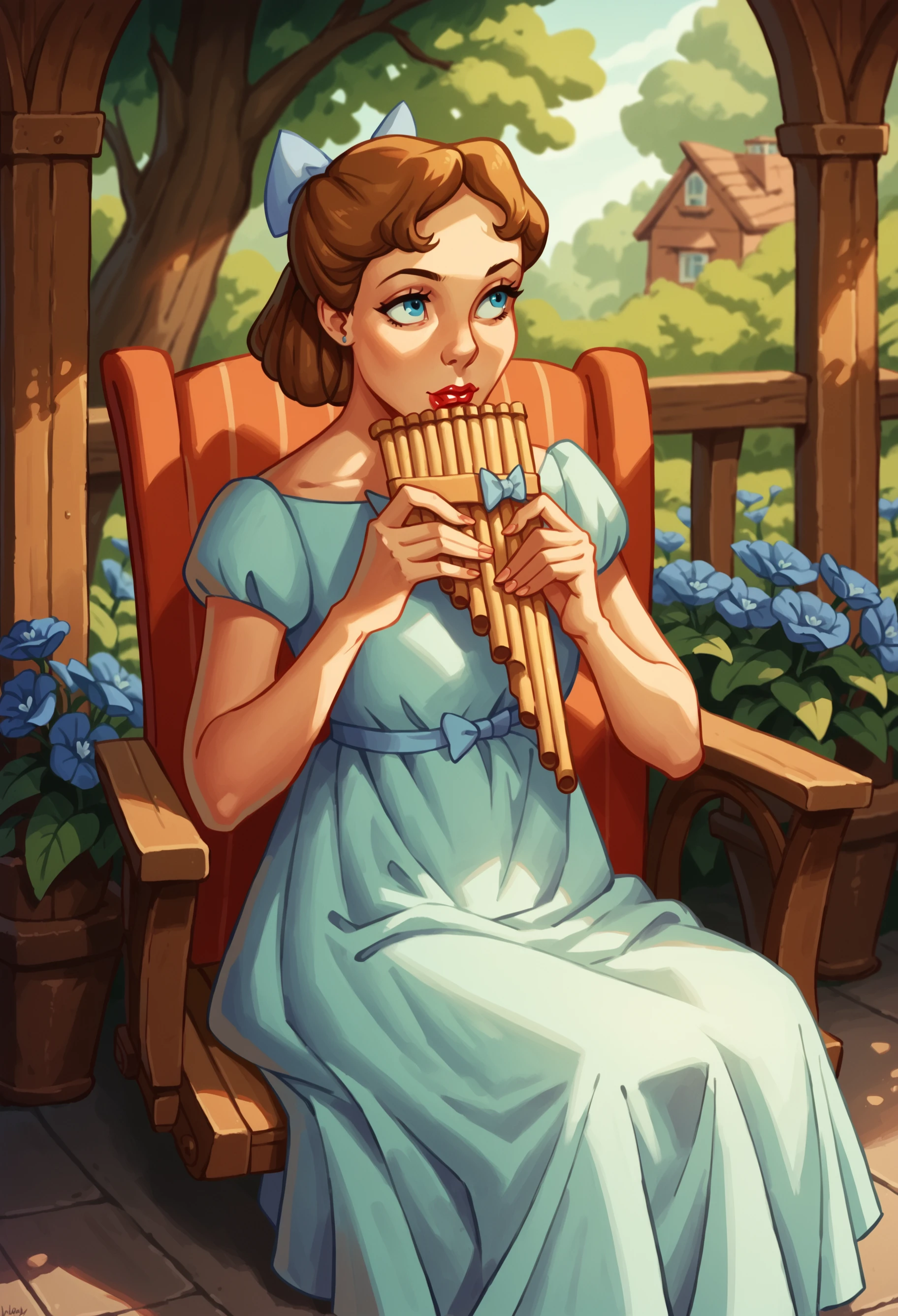 score_9, score_8_up, score_7_up, score_6_up, score_5_up,WendyDarling, 1girl, solo, brown hair, hairbow, blue eyes, lipstick, dress,
sitting on a porch ,sitting in rocking chair,small house,flowers,serene,<lora:WendyDarling_PXL_Leaf1:1>
,playing panflute<lora:PanflutePonyV1>