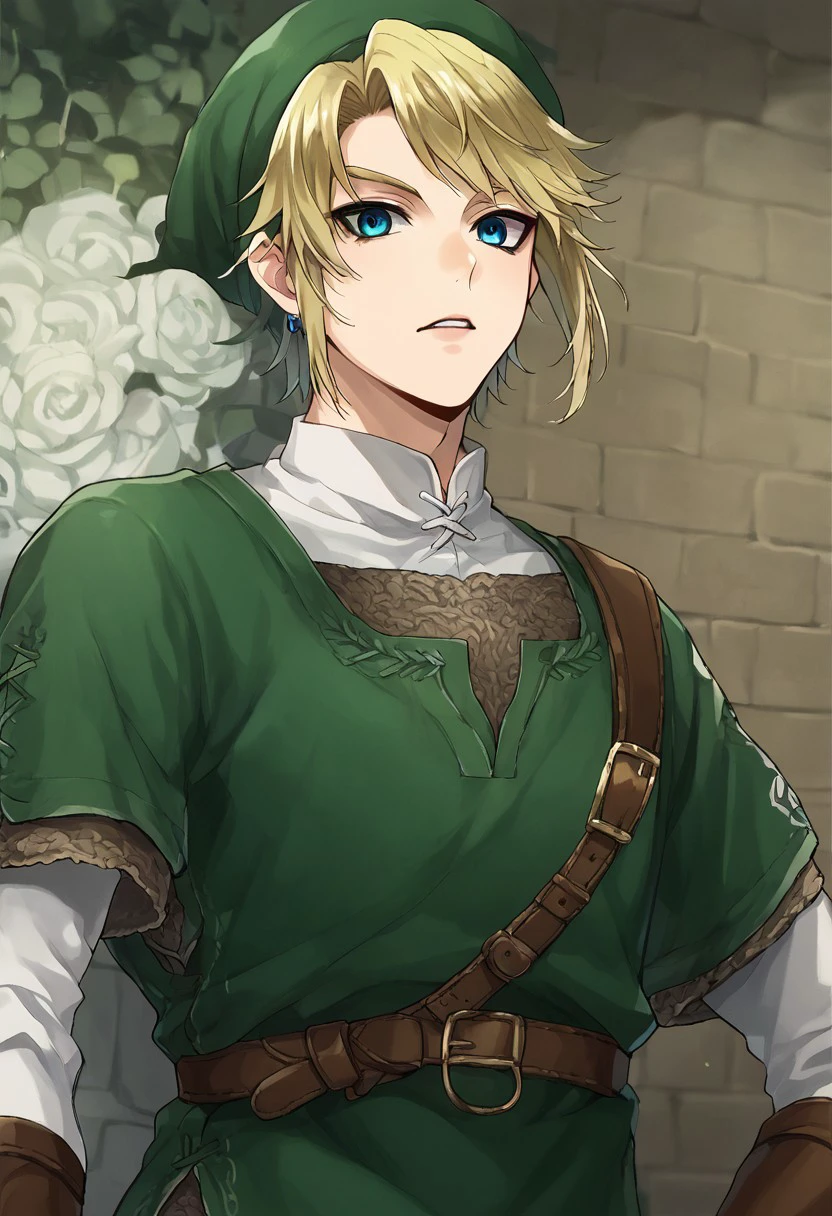 anime artwork, score_7, score_6_up, score_5_up, 1boy, male focus, solo,  masterpiece, best quality, source_anime, detailed eyes, tphrlnk, upper body, green tunic, blue eyes, blonde hair, green hat,