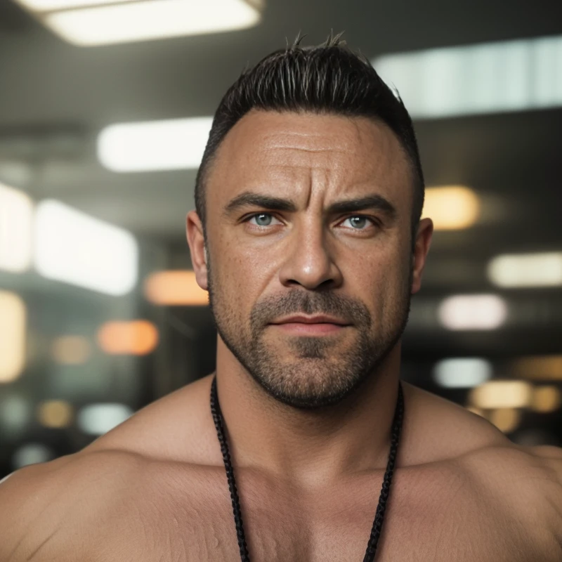 DLSR photo of Jerome_THEVENIN person using  muscular, manly, tank top, face portrait, in blade runner, daylight, professional photography, high resolution, detailed photo, RAW, still film, f/16, uhd, hdr, 4k   <lora:Daniel_Sticc_JC-08:1>