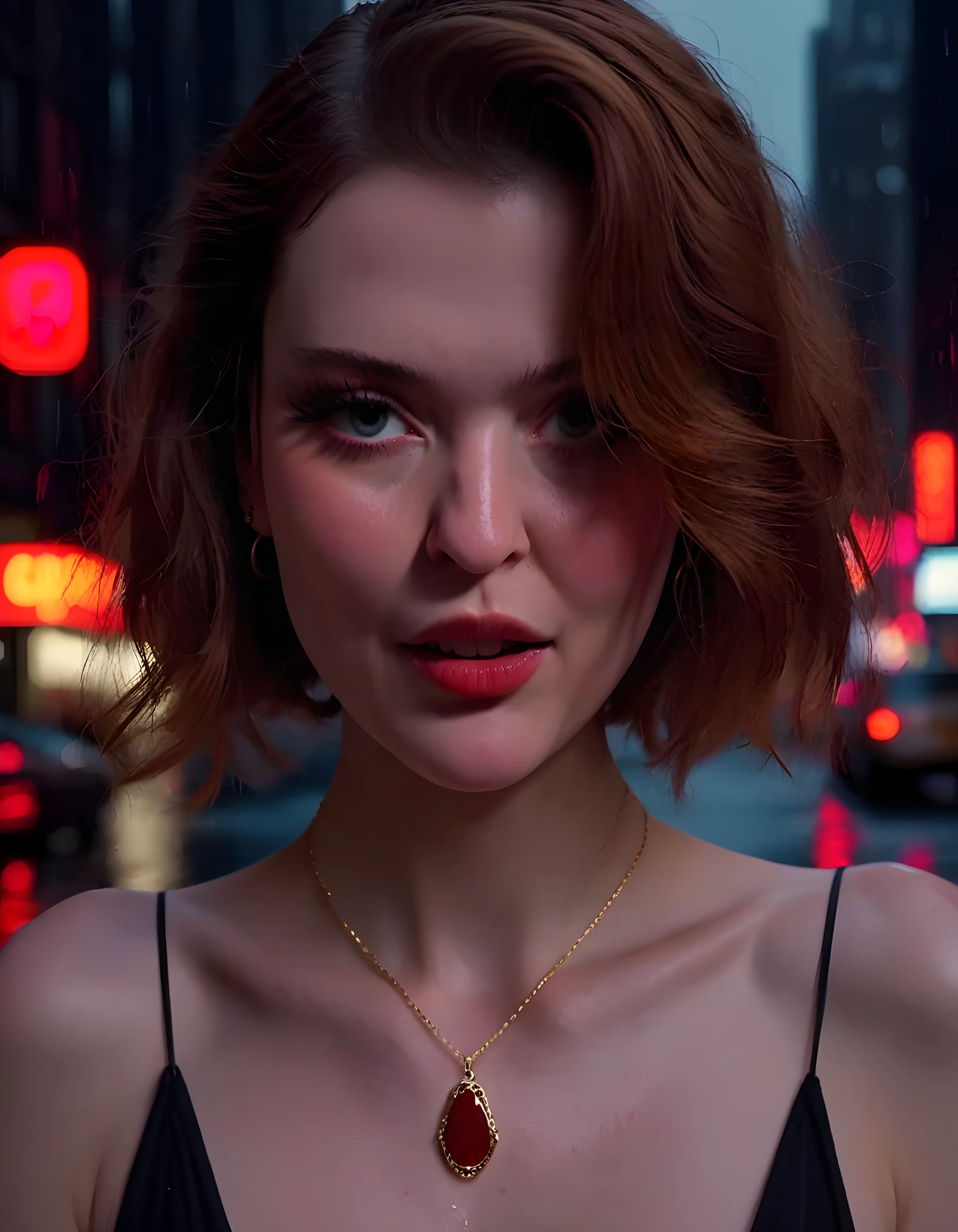 In a gritty noir-inspired setting, the camera captures a striking close-up of Elly Clutch, a woman with cascading brown hair framing her expressive face. Her lips curve into a warm, inviting smile, adorned with crimson lipstick that contrasts beautifully against her pale skin. A single strand of her hair falls gently across one eye as she looks directly at the viewer, her gaze intense and captivating. Her long neck is accentuated by a delicate gold choker adorned with a large, glistening ruby pendant. The background is dark and moody, filled with the soft glow of neon lights reflected in the rain-slicked streets of New York City at night. The emotional tone is one of intrigue and allure, as if Elly is offering a secret only to the viewer.