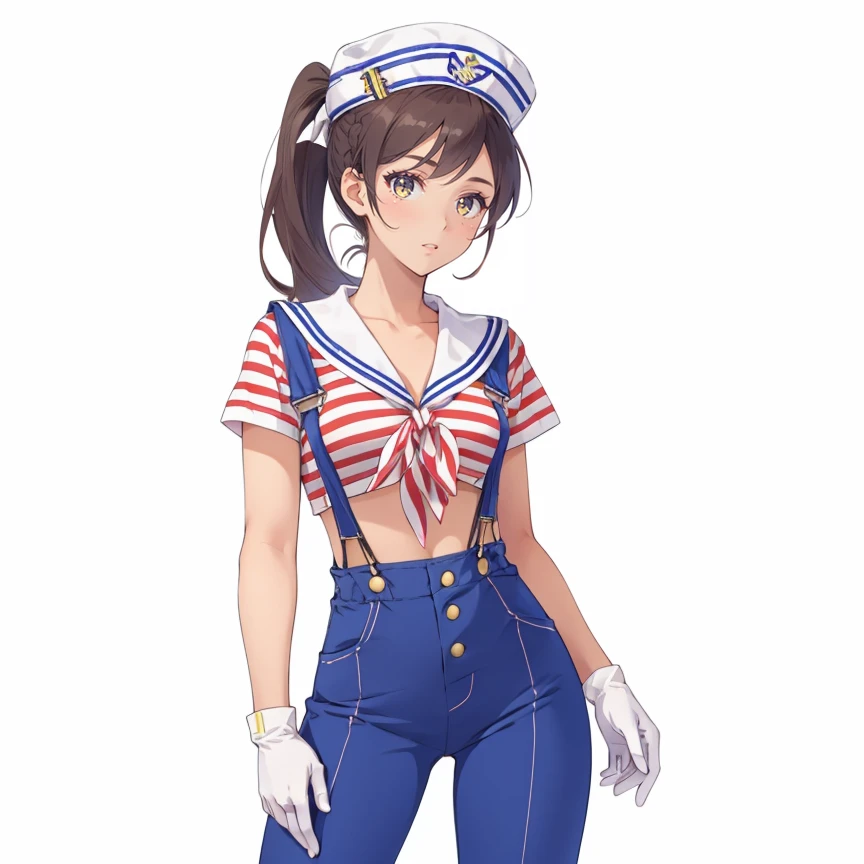 1girl, solo, (Twisted High Ponytail:1.3), hud_rwb_s4ilor, hat, gloves, overalls, striped crop top, pants, suspenders, sailor hat, sailor, <lora:rwbsail15-000009:0.8>, ship