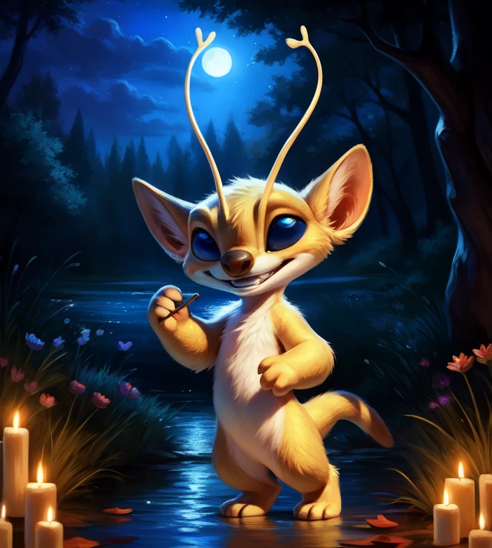 <lora:SparkyExpLilStitN:1>  SparkyExpLilStitN, (  blue eyes, antennae, tail, yellow fur, solo,  ), [ forest, grass, night, stars, lake, waterfall, clear water, evening, moon shining, reflection in water, clouds, flowers, blanket, blue pillows, candles, bed, pillows, ],
(beautiful, aesthetic, perfect, delicate, intricate), masterpiece, digital drawing, best quality,    (walking ) smile
by ulitochka, by taran fiddler, by Silverfox5213, by personalami,