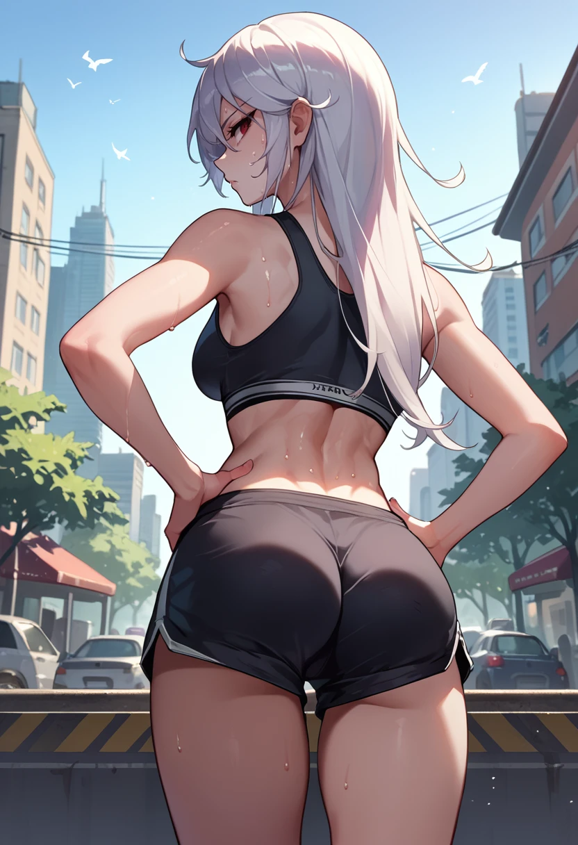 score_9, score_8_up, score_7_up, source_anime, from behind, solo, 1girl, silentmagician, sweat, expressionless, looking back, hands on own hips, long hair, white hair, red eyes, black sports bra, black shorts, short shorts, ass, outdoors, city street <lora:yugioh_silentmagician_ponyXL:1>