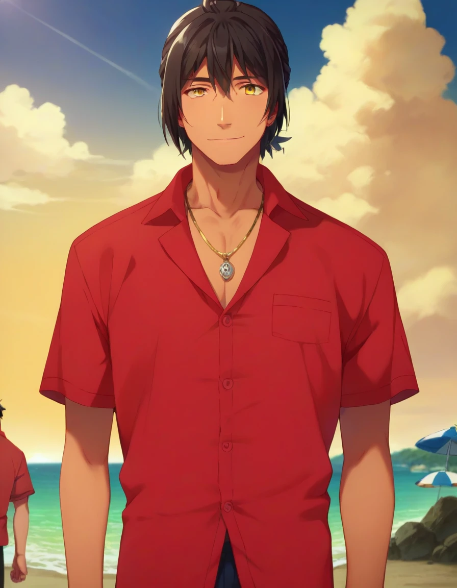 score_9, score_8_up, score_7_up, score_6_up, score_5_up, score_4_up, 2d_anime, rating_questionable, outdoors, beach, blue sky,
1boy, solo, solo focus, mature male, red collared shirt, buttons, short sleeves, nalu tanaka <lora:Nalu_Tanaka_Pony_Rev1:0.8> tan, yellow eyes, black hair, ponytail, light smile, standing, facing viewer, looking at viewer, necklace,