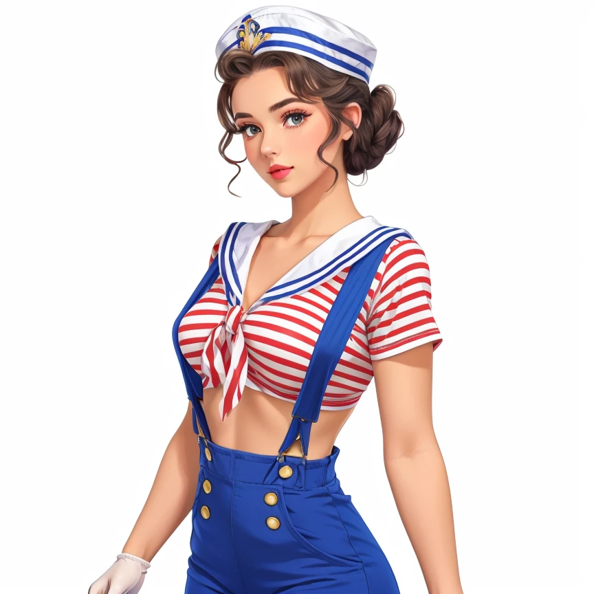 1girl, solo, (Romantic Updo with Loose Curls:1.3), hud_rwb_s4ilor, hat, gloves, overalls, striped crop top, pants, suspenders, sailor hat, sailor, <lora:rwbsail15-000009:0.8>