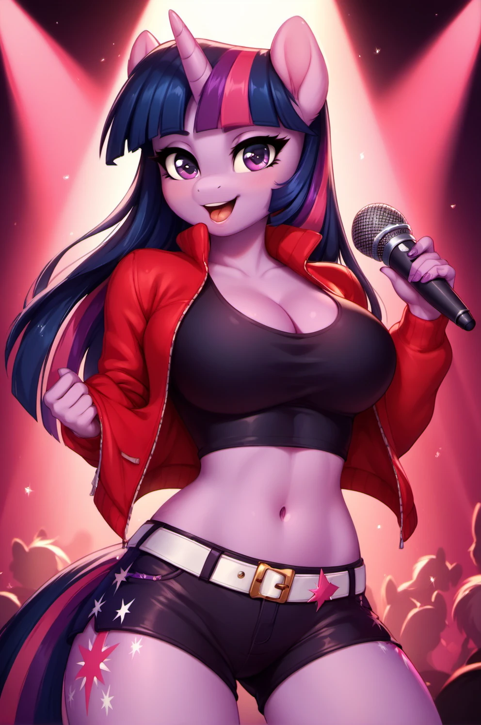 goth, color:spectrum, excited, bright rainbow hair, pale skin, smoky eyes, vivid colors, braless, holding breasts, topless, on stage, punk rock hairstyle, long wavy hair, black lips, cheering, technicolor, smile