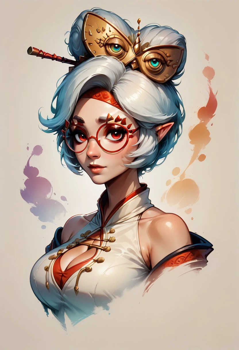 Faded Headshot, faded bottom, faded edges ,score_9,score_8_up,score_7_up,score_6_up,score_5_up,
1girl, Purah (/The Legend of Zelda)/,(ultra HD quality details), pale skin, white hair, red eyes, short hair, hair bun, red glasses, hair ornament, hair stick, red headband,
white shirt, bare shoulders, black skirt, red leggings,
white jacket, high heels, black shoes, black gloves,
, digital illustration, disney, rule 63, full body, perfect anatomy, perfect face, butt showing esthetically, abstract beauty, beautiful, centered, looking at the camera, approaching perfection, dynamic, moonlight, highly detailed, watercolor painting, artstation, concept art, smooth, sharp focus, illustration, 
(upper body:1.2), (close up:1.5), portrait, huge breasts, deep cleavage,