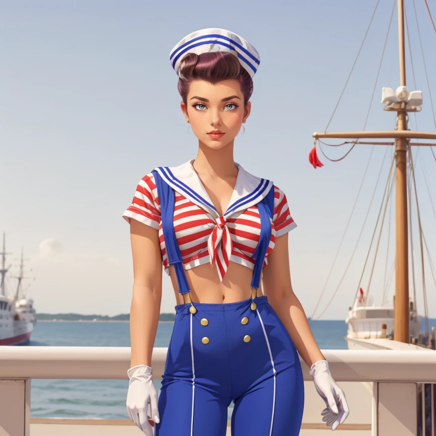 1girl, solo, (Classic Pompadour with Hard Part:1.3), hud_rwb_s4ilor, hat, gloves, overalls, striped crop top, pants, suspenders, sailor hat, sailor, <lora:rwbsail15-000009:0.8>, ship