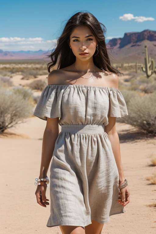 Yellow off-shoulder midi dress, linen, paired with brown gladiator sandals and a pearl bracelet a breathtaking fashion photo:1.3 of a sexy woman <lora:PriscilaSol:1>, brown eyes,  styled straight hair,enhanced contrast, vivid, 4k, best quality, 35mm, depth of field, ultra high res:1.1),(intricate, photorealistic, cinematic-shot, masterpiece, ultra-detailed:1.1), clear blue sky, arizona desert landscape, close-up