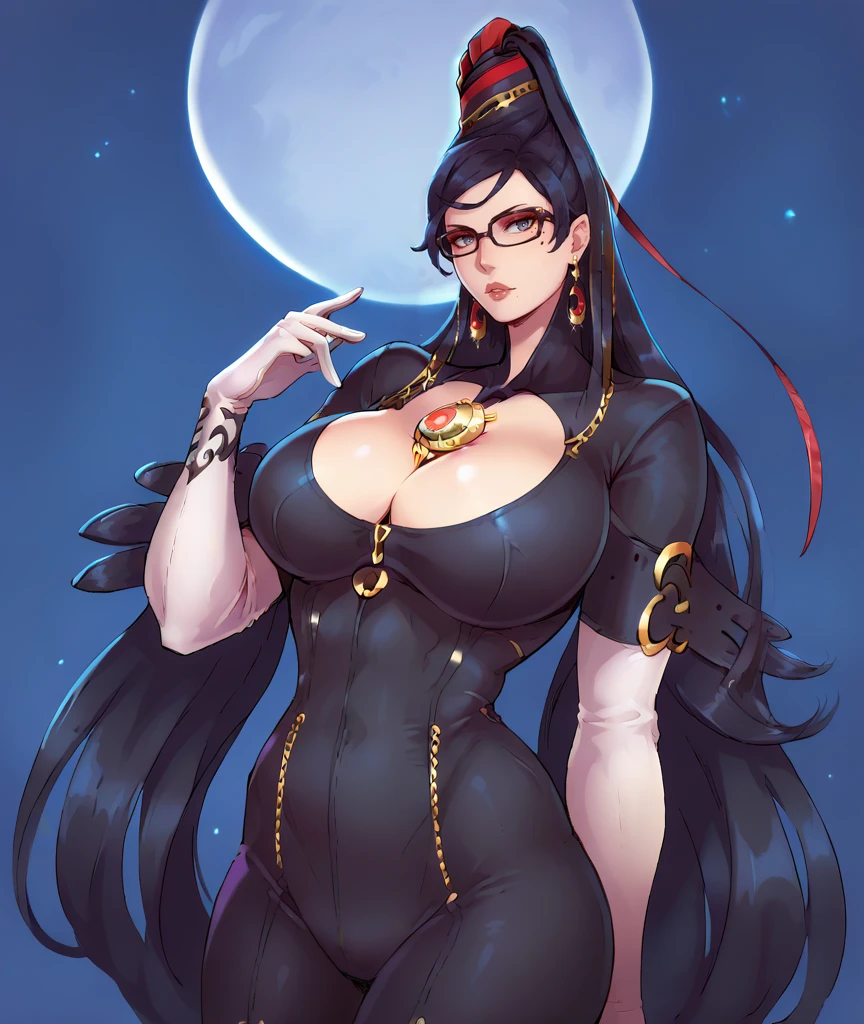 score_9,score_8_up,score_7_up,1girl,source:anime,simple background,night,moonlight,full moon,
big breasts,
lips,
<lora:Bayonetta_1>,black hair,very long hair,jewelry,earrings,black bodysuit,glasses,mole under eye,red ribbon,white gloves,elbow gloves,grey eyes,clothing cutout,amulet,<lora:Sundown_Artist_Style:1>,sundown,