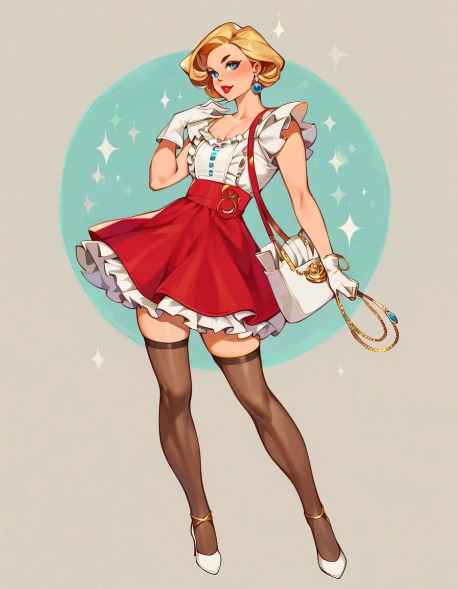 score_9, 1girl, white gloves, high heels, thighhighs, bag, earrings, handbag, jewelry, red skirt, blonde hair, full body, white footwear, holding, short hair, lipstick, frilled skirt, frills, blue eyes, pinup, <lora:pinup_pony:0.88>