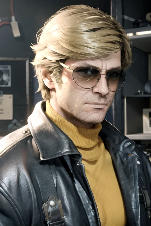 russell adler, 1boy, male focus, looking to the side, blonde hair, stubble, facial hair, sunglasses, shaded eyes, scar on face, leather jacket, black jacket, yellow turtleneck, 
BREAK, best quality, highres, realistic, game screenshot,
<lora:AdlerV2:1>