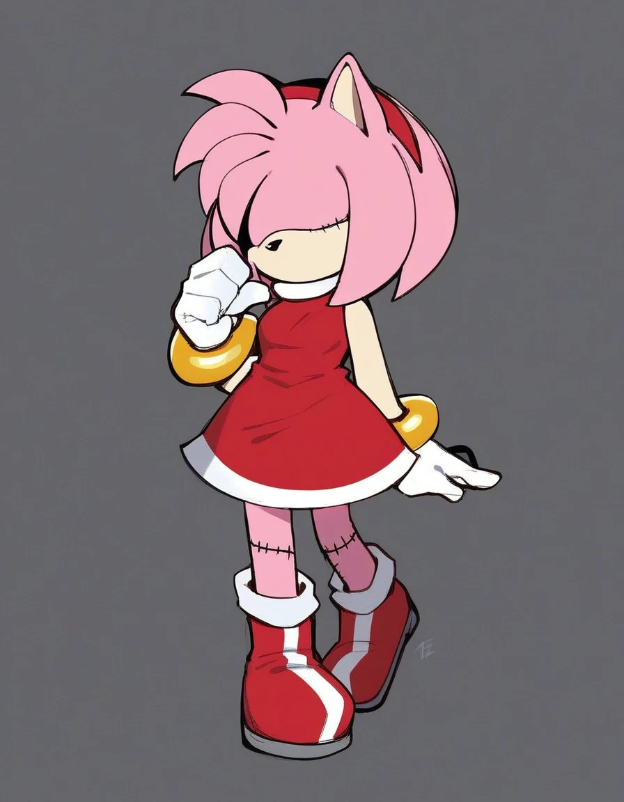 amy_alt, 1girl, solo, short hair, simple background, gloves, dress, animal ears, bare shoulders, closed mouth, standing, full body, pink hair, sidelocks, hairband, small breasts, sleeveless, shiny, white gloves, hand up, bracelet, sketch, sleeveless dress, short dress, red dress, black background, shaded face, furry, arm at side, furry female, red hairband, hair over eyes, body fur, straight-on, animal nose, two-tone fur, pink fur, no mouth, amy_rose,sleft side stitches, stichdd arms, stiched legs,