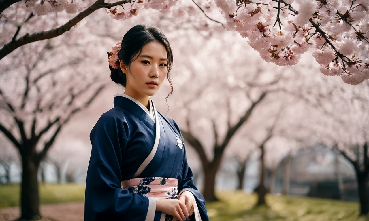 Cinematic, portrait photography, close-up shot of a young woman wearing a dark blue hanbok, standing under cherry blossom trees, petals gently falling around her, circa 2024, shot by Sony Alpha A7 III using Kodak Portra 160, by Park Chan-wook, conveying a mood of wistful longing, under natural daylight, pastel color palette with soft pinks and whites and dark blue accent detail, capturing the delicate beauty of the scene