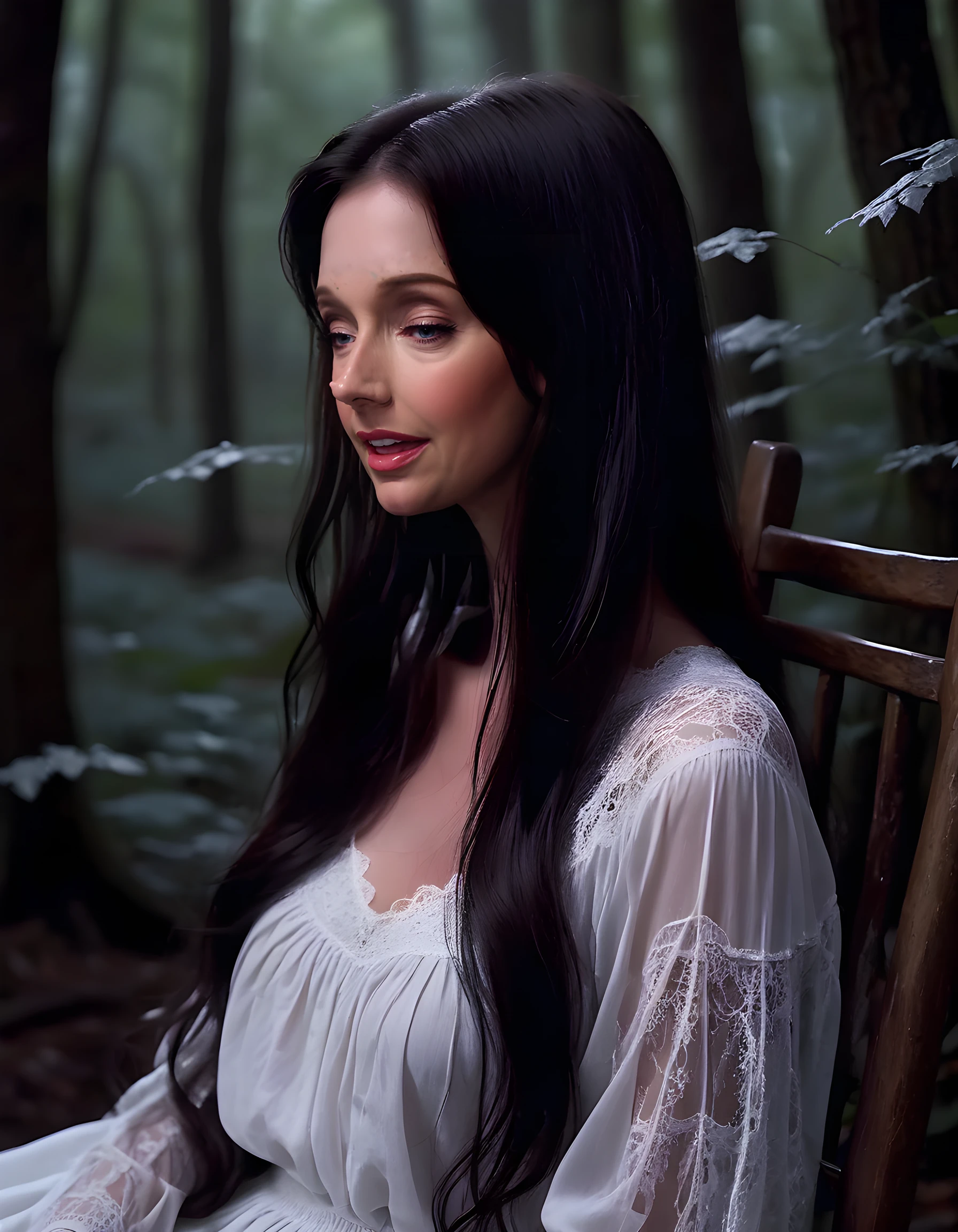 In a hauntingly ethereal, moonlit forest clearing, a close-up image captures Melanie Marie, her long, black hair cascading down her back, framing her delicate face as she sits poised on an old wooden chair. Her alabaster skin glows softly under the silver light of the full moon, accentuating the intricate lace patterns adorning the long sleeves of her white shirt and matching skirt. The garments billow slightly in the breeze, creating a ghostly effect against the dark, dense foliage behind her. Her eyes are closed, her lips parted slightly, as if lost in thought or contemplation, evoking a sense of quiet, introspective beauty amidst the enchanting, otherworldly setting.