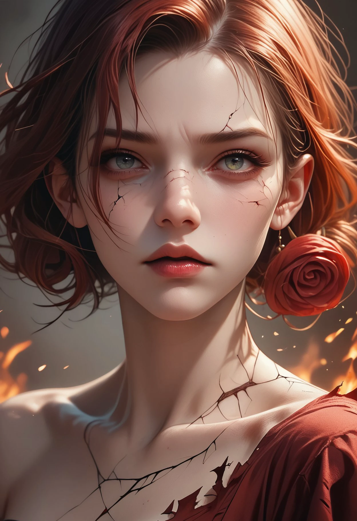 score_9,score_8_up,score_7_up,score_6_up, A hauntingly beautiful porcelain doll with small storms for eyes. Her skin is pale and cracked like porcelain. Her hair is red like wine with fire coming out. Her lips are sewn together except for one corner that is ripped and bleeding.