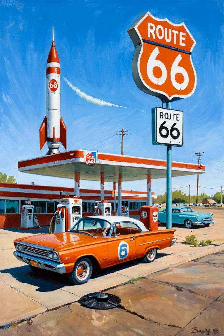 painting of a large abandoned roadside gas station with a route 66 highway shield, with a rocket sign and scifi cars in the parking lot
(AtompunkSDXL:1.5)