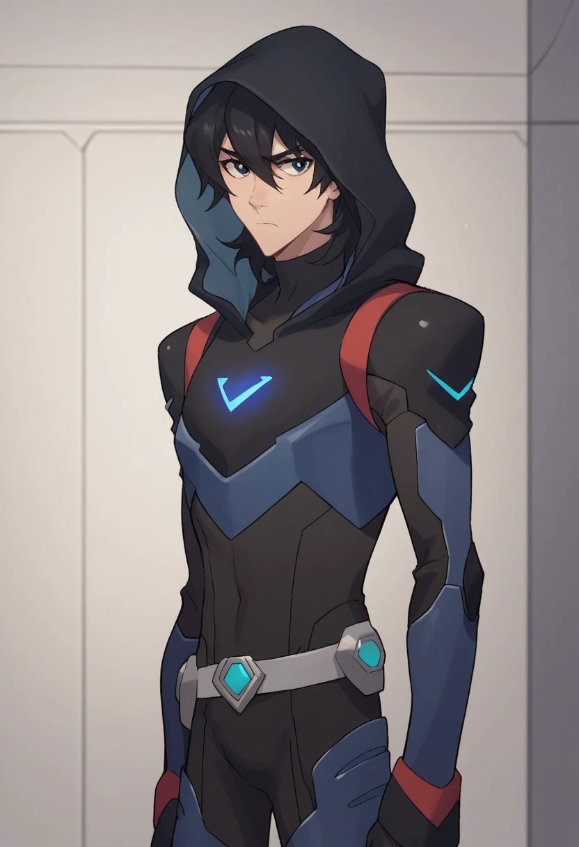 score_9, score_8_up, score_7_up, source_anime, highly detailed, 
keith, 1boy, male focus, solo, black hair, medium hair, hood, black eyes, hood up, bodysuit, armor, black bodysuit hair between eyes, frown
indoor, aerospace base